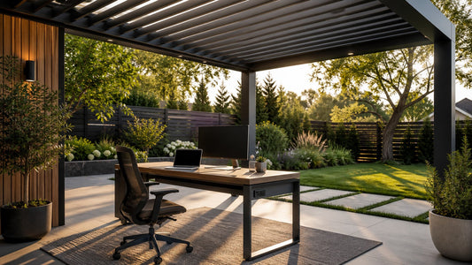 Modern outdoor office beneath an adjustable louvered pergola