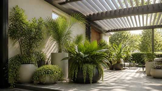 Healthy container plants thriving beneath a partially open adjustable louvered pergola