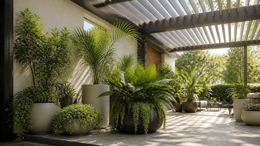 Healthy container plants thriving beneath a partially open adjustable louvered pergola