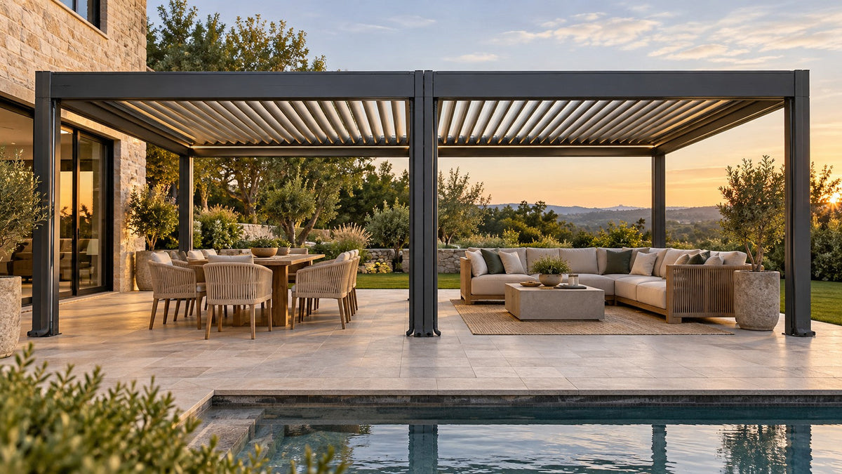 Two compatible motorized pergola units joined into one larger outdoor living area