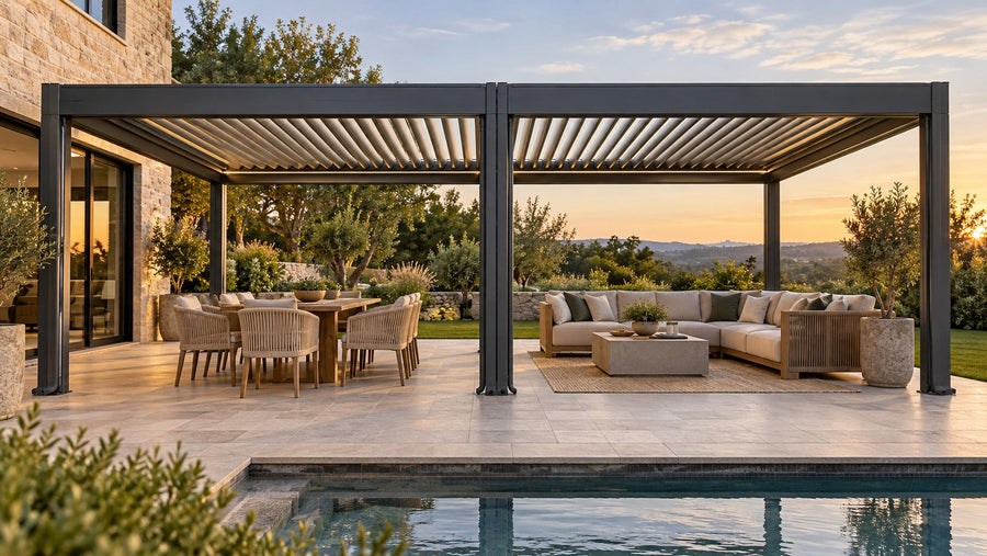 Two compatible motorized pergola units joined into one larger outdoor living area