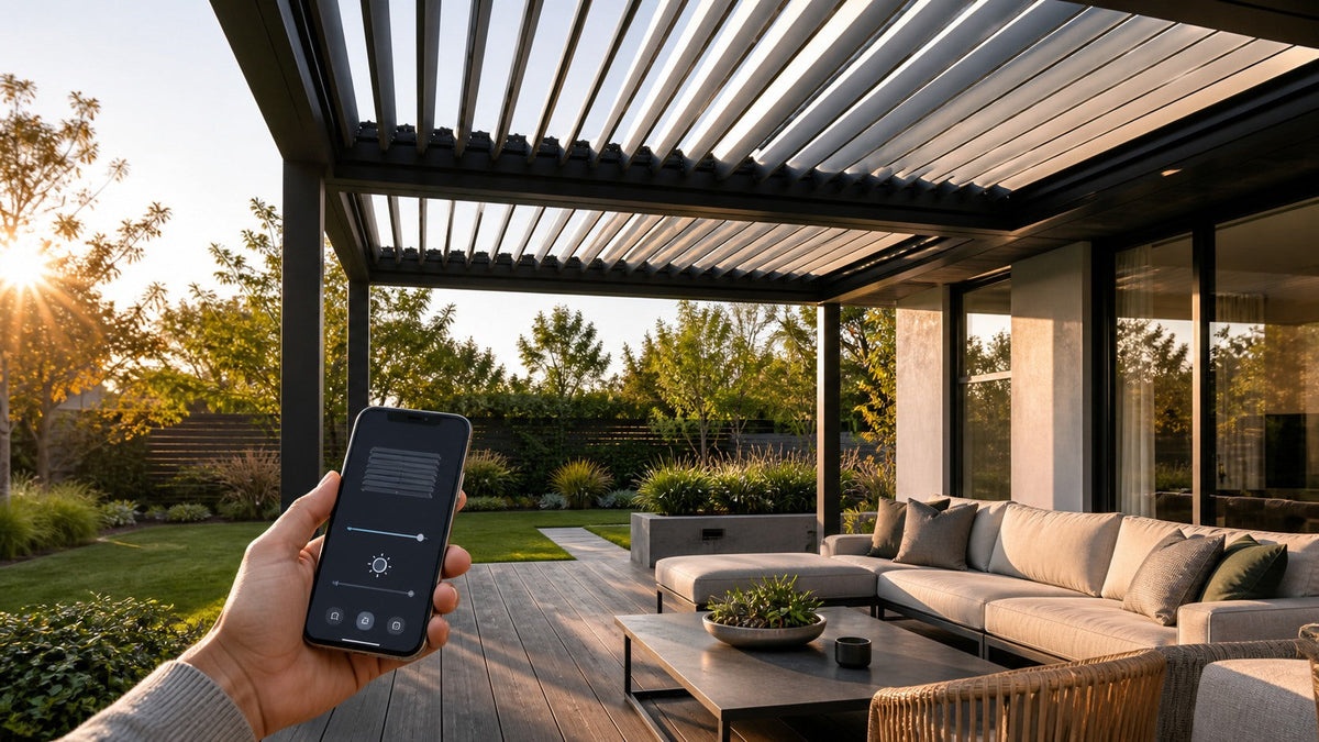 Smartphone controlling the adjustable louvers of a modern motorized pergola above a landscaped patio