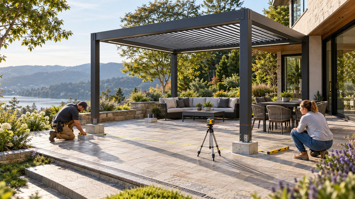Installer using a laser level to assess a gently sloped patio for a motorized pergola foundation