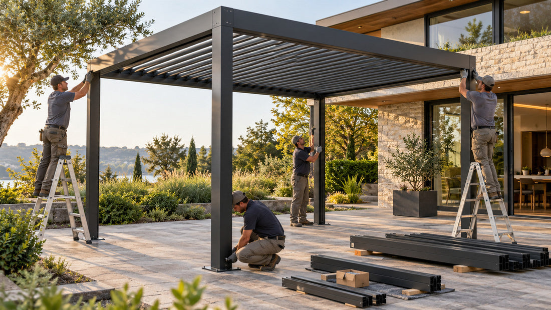 Four installers reassembling a charcoal aluminum motorized pergola on a level stone patio beside a modern home