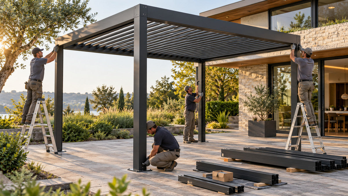 Four installers reassembling a charcoal aluminum motorized pergola on a level stone patio beside a modern home
