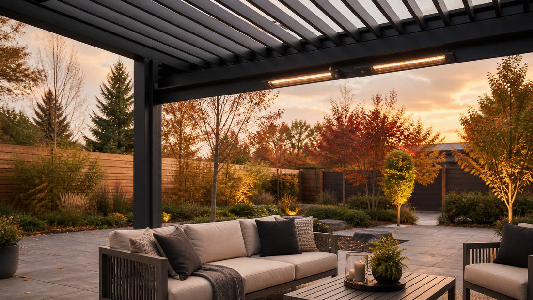 Electric radiant heaters mounted beneath a modern motorized louvered pergola above a dry autumn patio