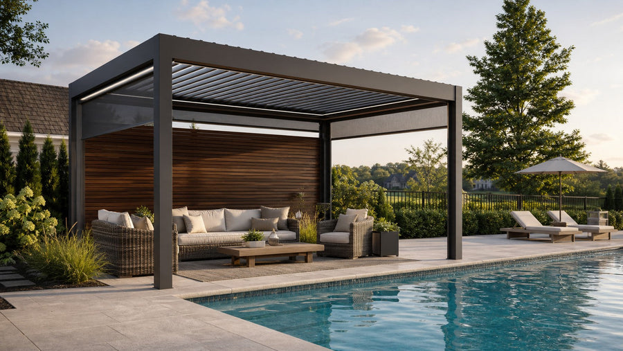 Modern Omaha poolside lounge beneath an adjustable louvered pergola with open pool views and a privacy wall
