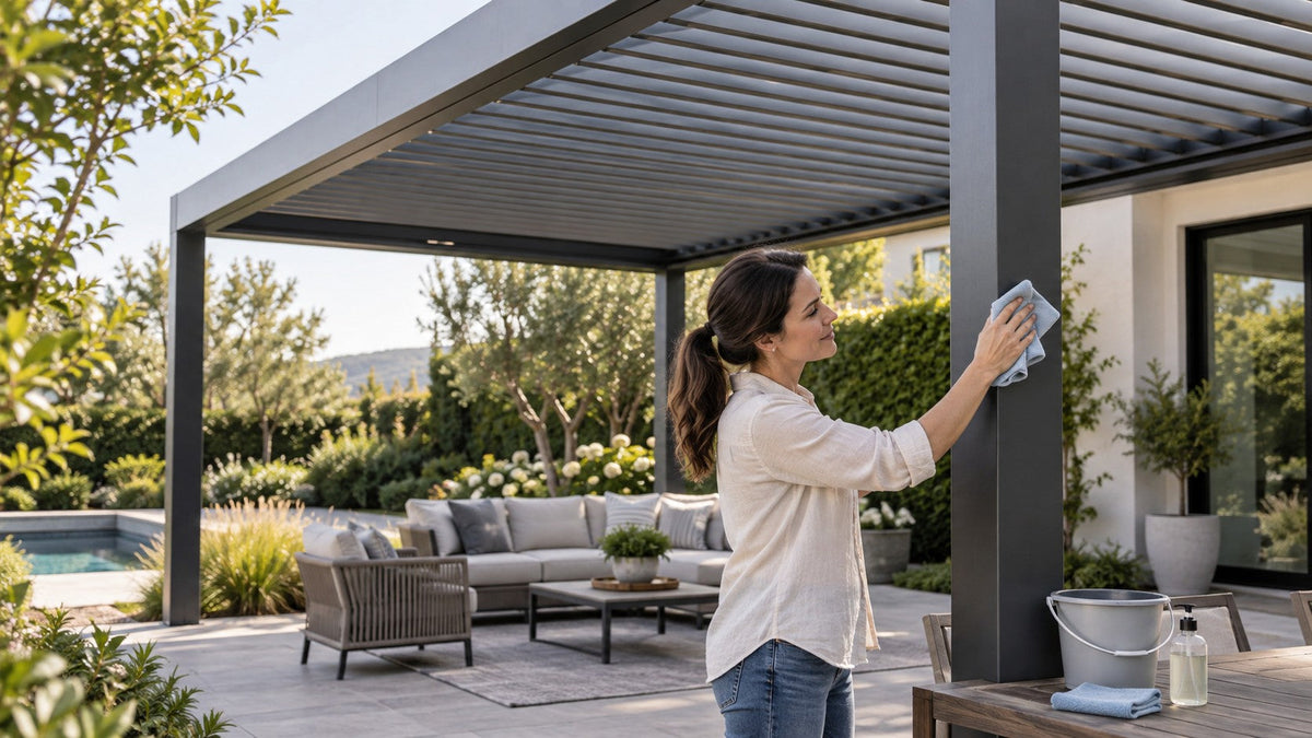 Homeowner gently cleaning the powder-coated post of a modern motorized aluminum louvered pergola with a soft cloth