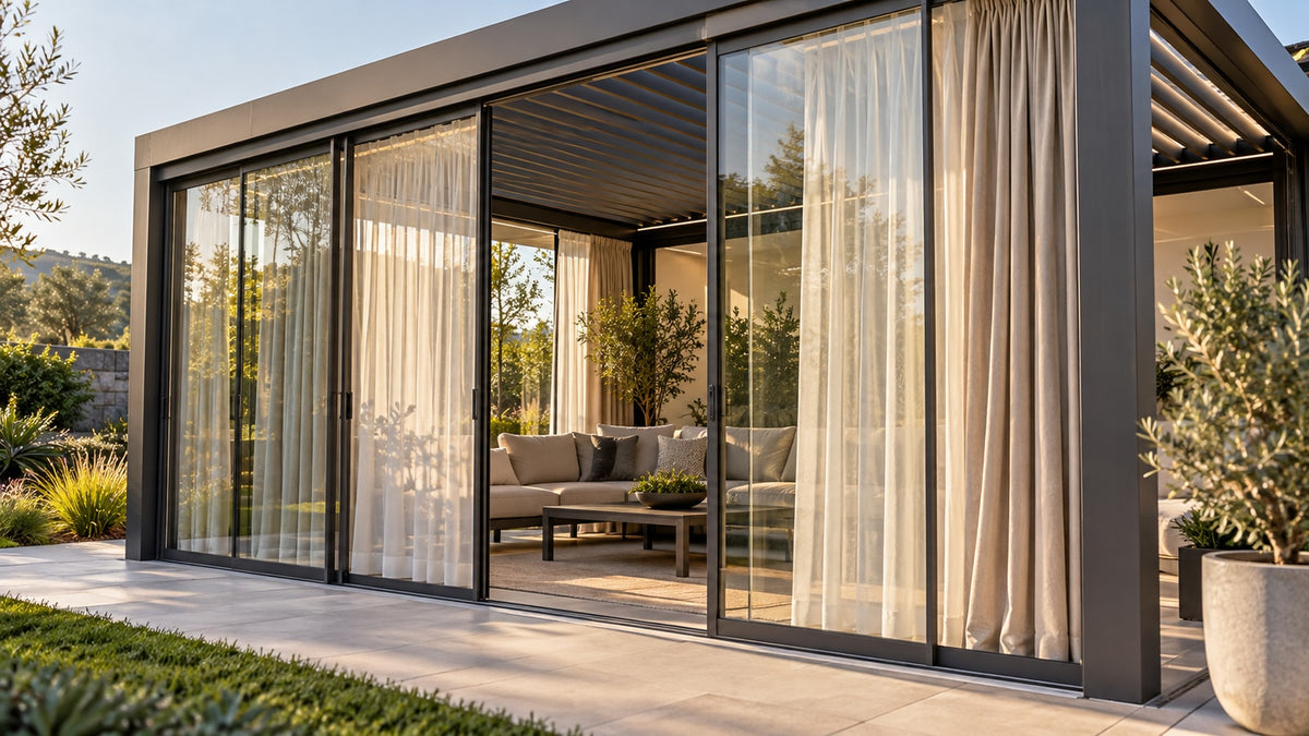 Dual-layer curtains fitted inside sliding glass doors on a modern motorized pergola