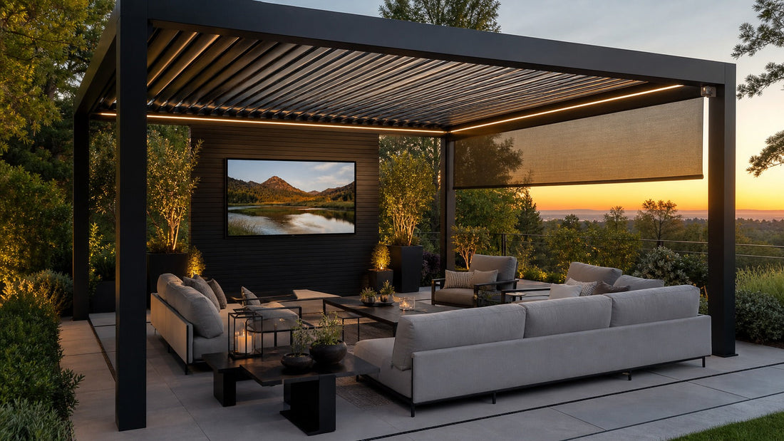 Modern outdoor TV lounge beneath an adjustable louvered pergola with glare-control shade