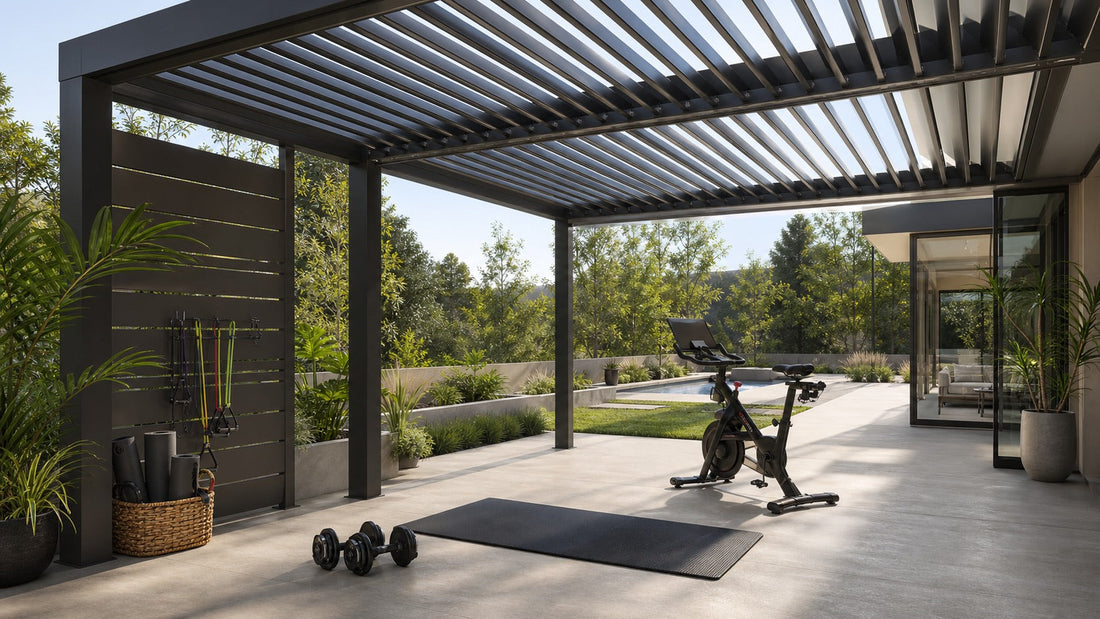 Shaded outdoor workout zone with exercise bike, yoga mat and dumbbells beneath an adjustable louvered pergola