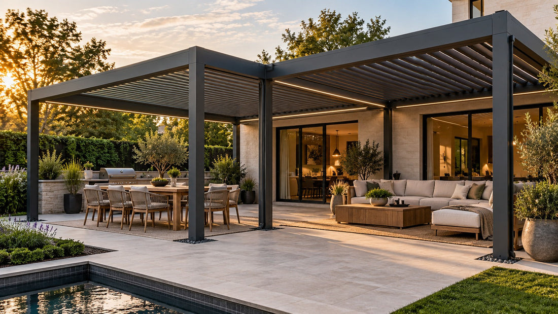 L-shaped motorized pergola with separate dining and lounge zones beside a modern home
