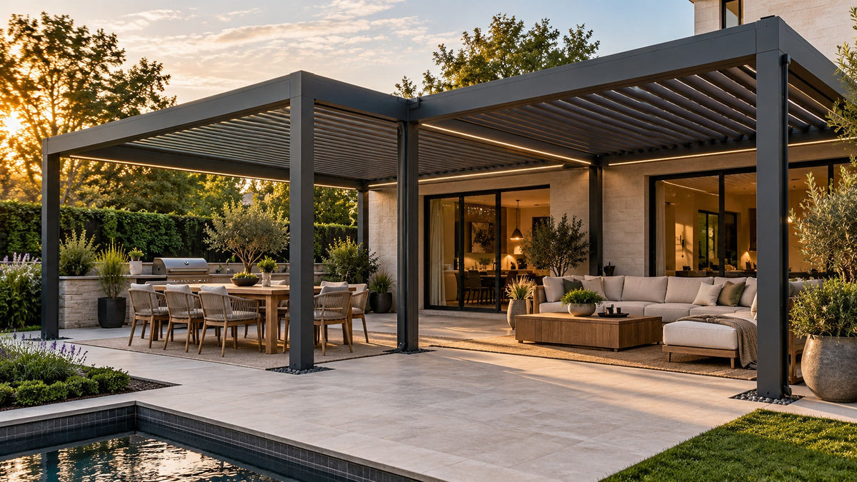 L-shaped motorized pergola with separate dining and lounge zones beside a modern home