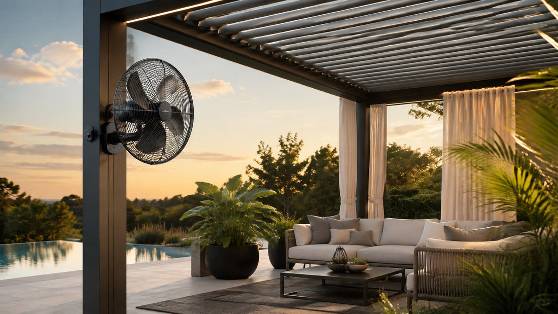 Post-mounted outdoor fan installed on a modern motorized louvered pergola with safe clearance above a patio lounge
