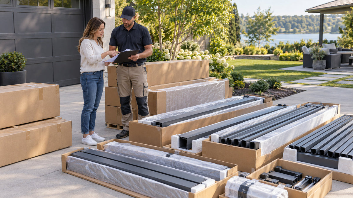 Homeowner and installer checking newly delivered motorized pergola components against shipment paperwork before assembly