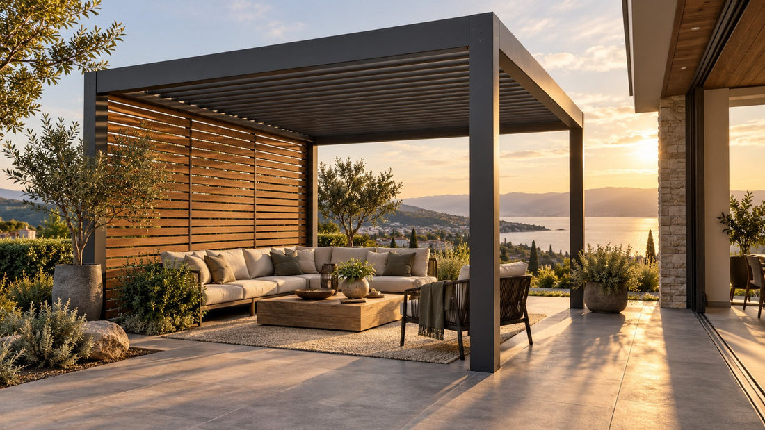 Modern aluminum pergola with a wood-grain slat wall defining a private patio seating area