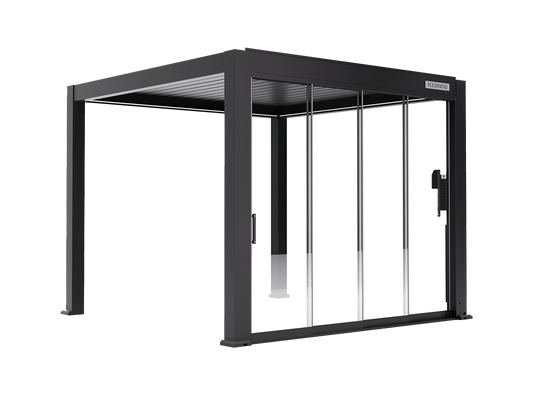 This sleek sliding door attachment is the perfect addition to your Flexpatio pergola.