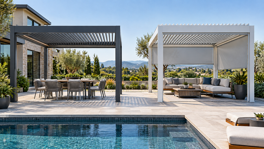 Two aluminum louvered pergola configurations on a modern residential patio.