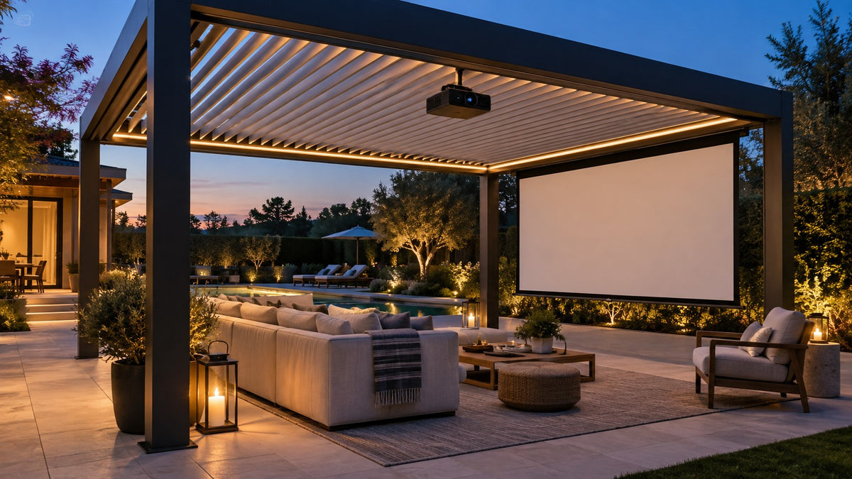 Outdoor projector aligned with a retractable screen beneath a modern motorized louvered pergola at dusk