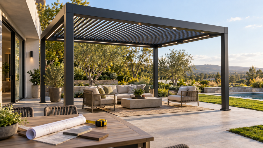 Aluminum pergola over a residential patio with plans and measuring tools for project budgeting.