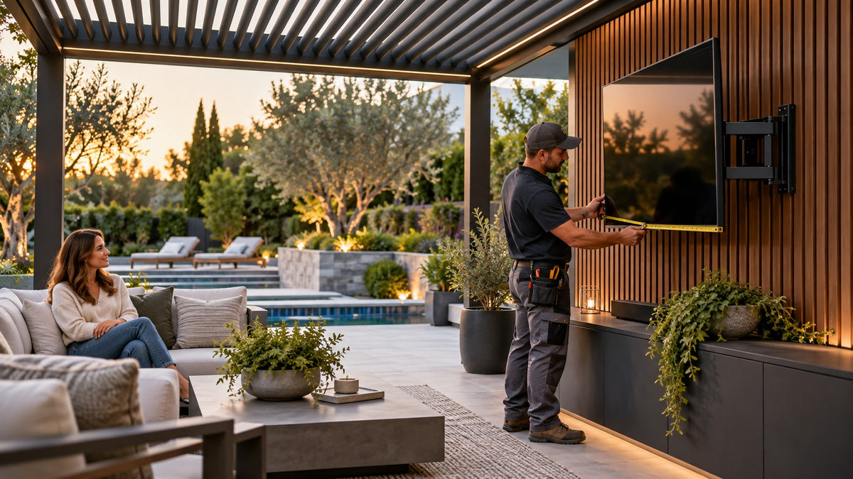 Installer checking a television's fit and weight on a pergola slat-wall mount